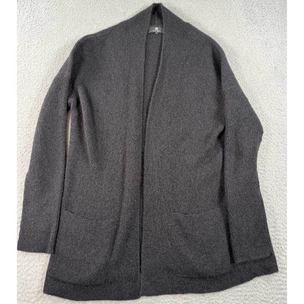 TUMI Cardigan Women Medium 100% Baby Alpaca Gray Open Front Pockets Sweater